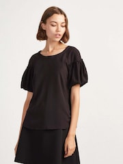 French Connection Black Crepe Light Puff Sleeve Top - Image 1 of 4