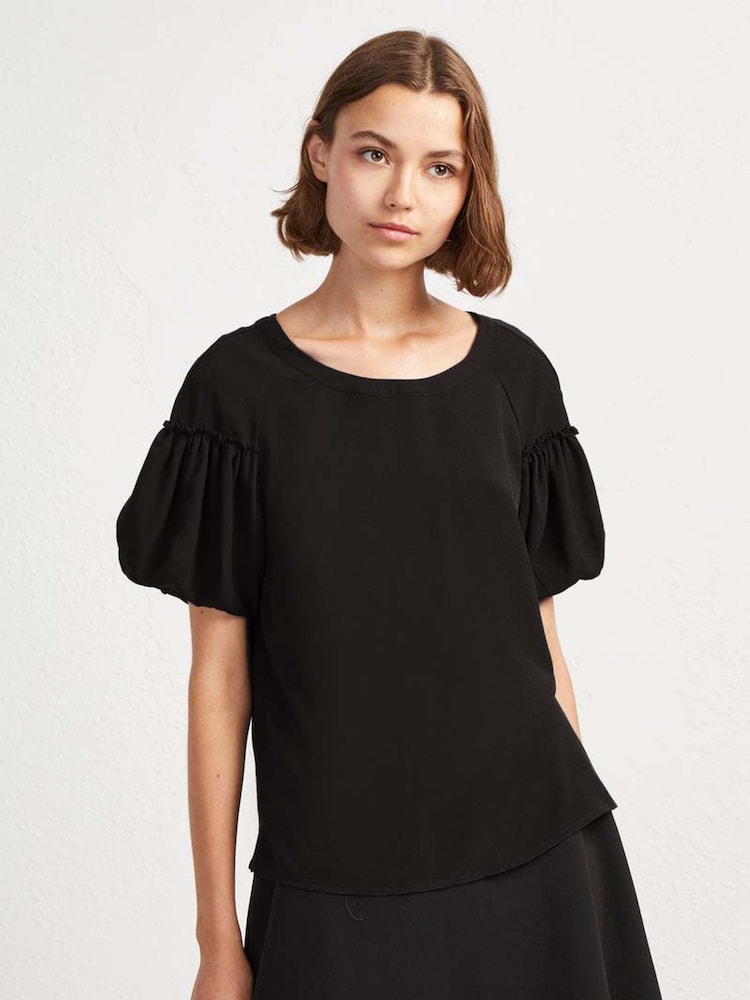 French Connection Black Crepe Light Puff Sleeve Top - Image 2 of 4