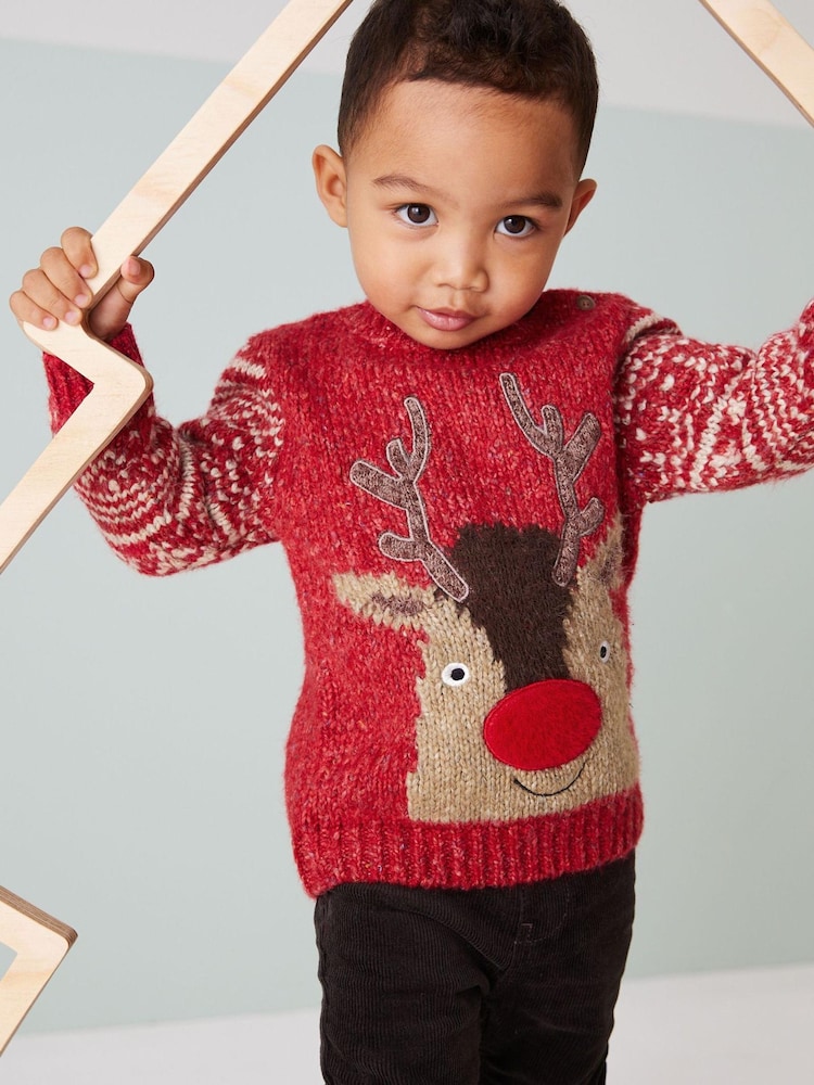 Red Reindeer Christmas Jumper (3mths-7yrs) - Image 1 of 5 Red Reindeer Christmas Jumper (3mths-7yrs) - Image 1 of 5