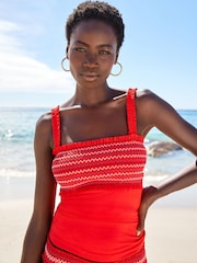 Red Contrast Stitch Embroidered Shirred Tankini Top - Image 1 of 5