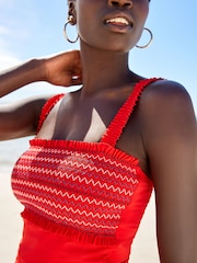Red Contrast Stitch Embroidered Shirred Tankini Top - Image 4 of 5