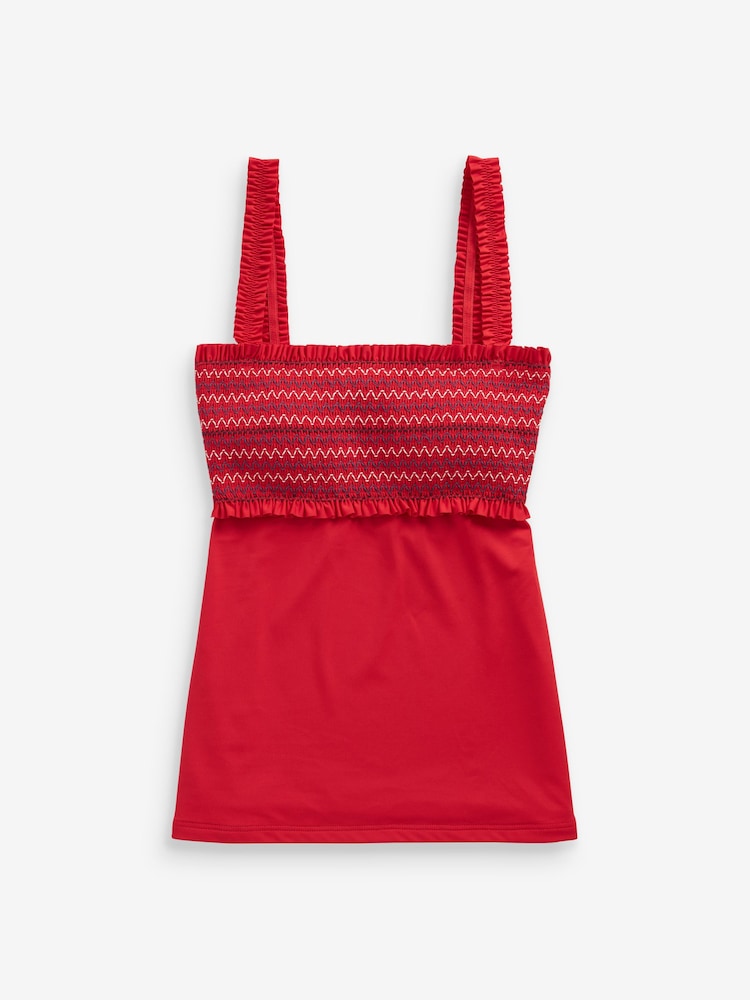 Red Contrast Stitch Embroidered Shirred Tankini Top - Image 5 of 5 Red Contrast Stitch Embroidered Shirred Tankini Top - Image 5 of 5