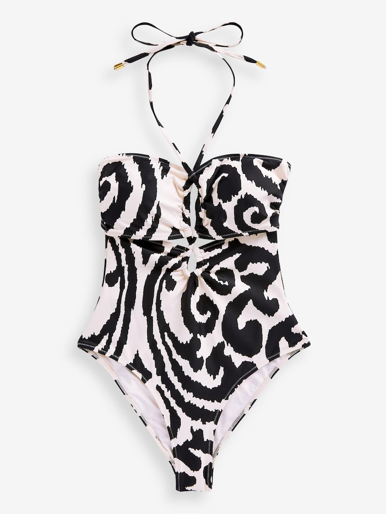 Ecru/Black Halterneck Cut Out Swimsuit - Image 6 of 6