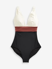 Cream/Brown Plunge Tummy Shaping Control Swimsuit - Image 5 of 5