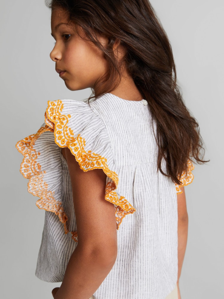Reiss Blue Casey Junior Striped Ruffle Sleeve Blouse - Image 1 of 7