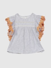 Reiss Blue Casey Junior Striped Ruffle Sleeve Blouse - Image 2 of 7