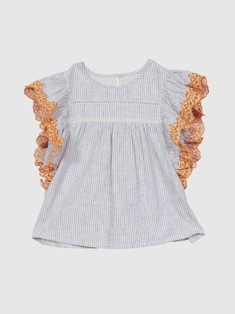 Reiss Blue Casey Junior Striped Ruffle Sleeve Blouse - Image 2 of 7