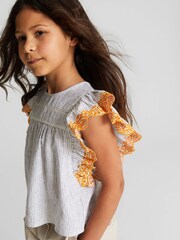 Reiss Blue Casey Junior Striped Ruffle Sleeve Blouse - Image 4 of 7