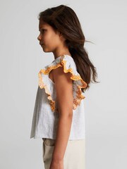 Reiss Blue Casey Junior Striped Ruffle Sleeve Blouse - Image 6 of 7