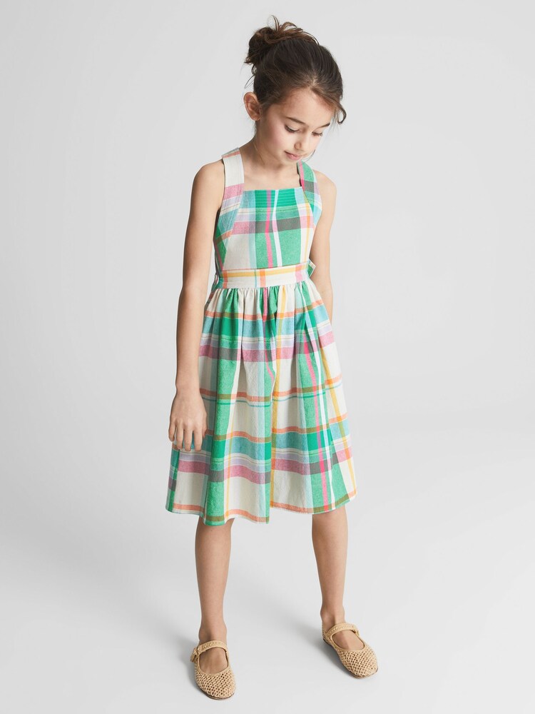Reiss Green Check Matilda Junior Cross Back Check Dress - Image 1 of 5