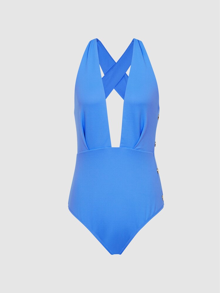 Reiss Blue Orla Plunge Swimsuit With Button Detail - Image 2 of 6