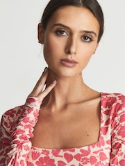 Reiss Pink Print Jemima Printed Ruched Jersey Top - Image 1 of 5