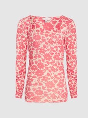 Reiss Pink Print Jemima Printed Ruched Jersey Top - Image 2 of 5