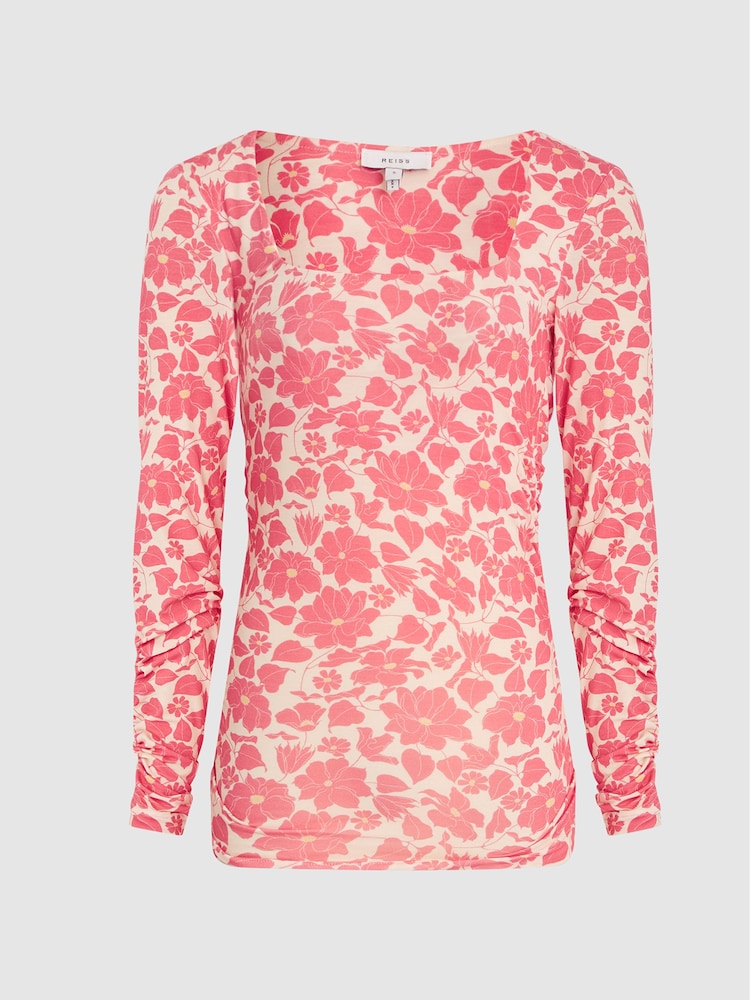 Reiss Pink Print Jemima Printed Ruched Jersey Top - Image 2 of 5