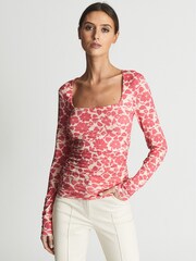 Reiss Pink Print Jemima Printed Ruched Jersey Top - Image 4 of 5