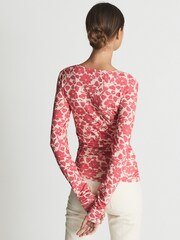 Reiss Pink Print Jemima Printed Ruched Jersey Top - Image 5 of 5