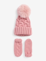 Pink 2 Piece Knitted Hat And Mittens Set (3mths-6yrs) - Image 1 of 2