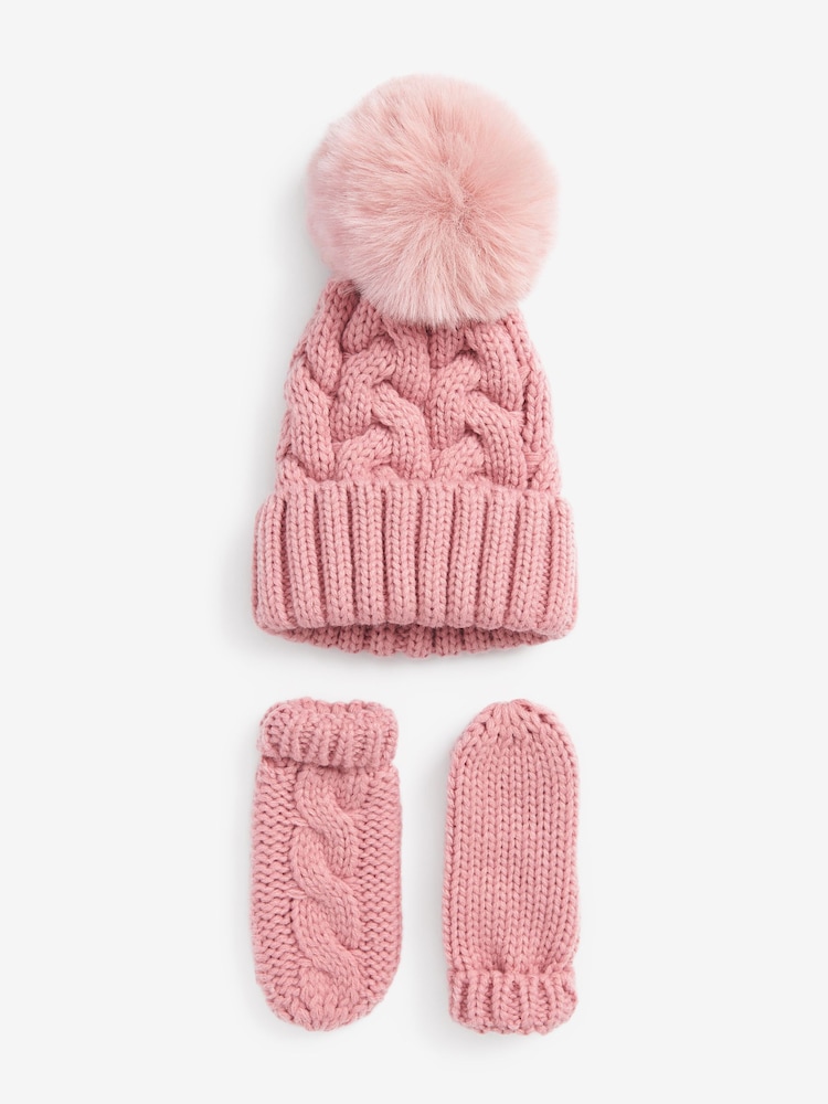Pink 2 Piece Knitted Hat And Mittens Set (3mths-6yrs) - Image 1 of 2