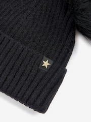Black Double Pom Pom Rib Beanie Hat (3-16yrs) - Image 1 of 2