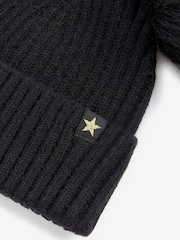 Black Double Pom Pom Rib Beanie Hat (3-16yrs) - Image 2 of 2