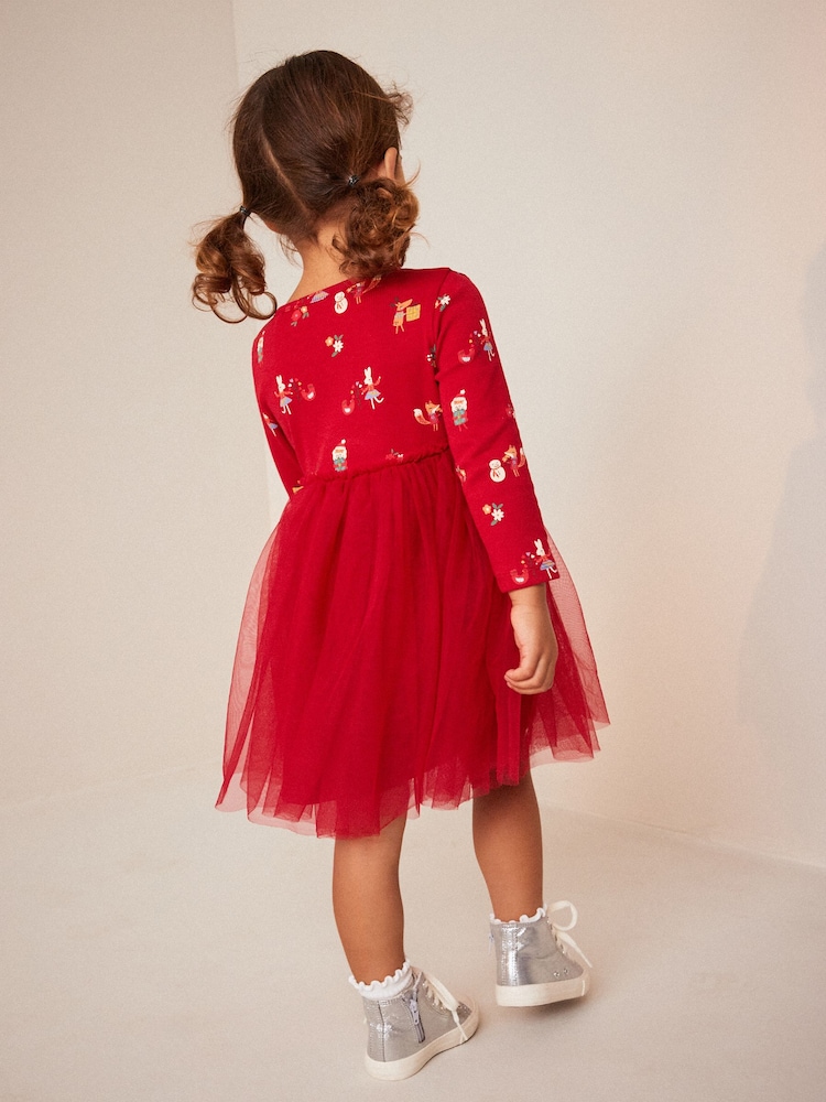Red Christmas Long Sleeve Printed Tutu Dress (3mths-7yrs) - Image 1 of 9