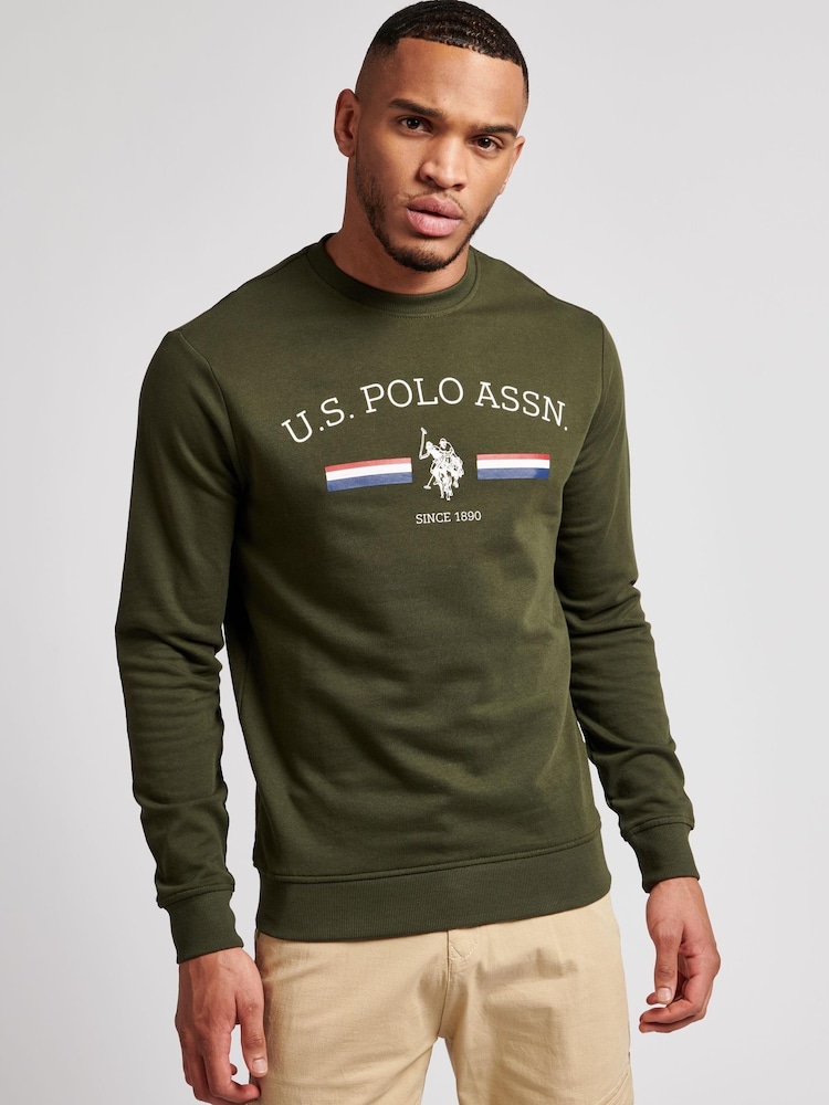 U.S. Polo Assn Army Green Raglan Rider LB Crew Sweatshirt - Image 1 of 6