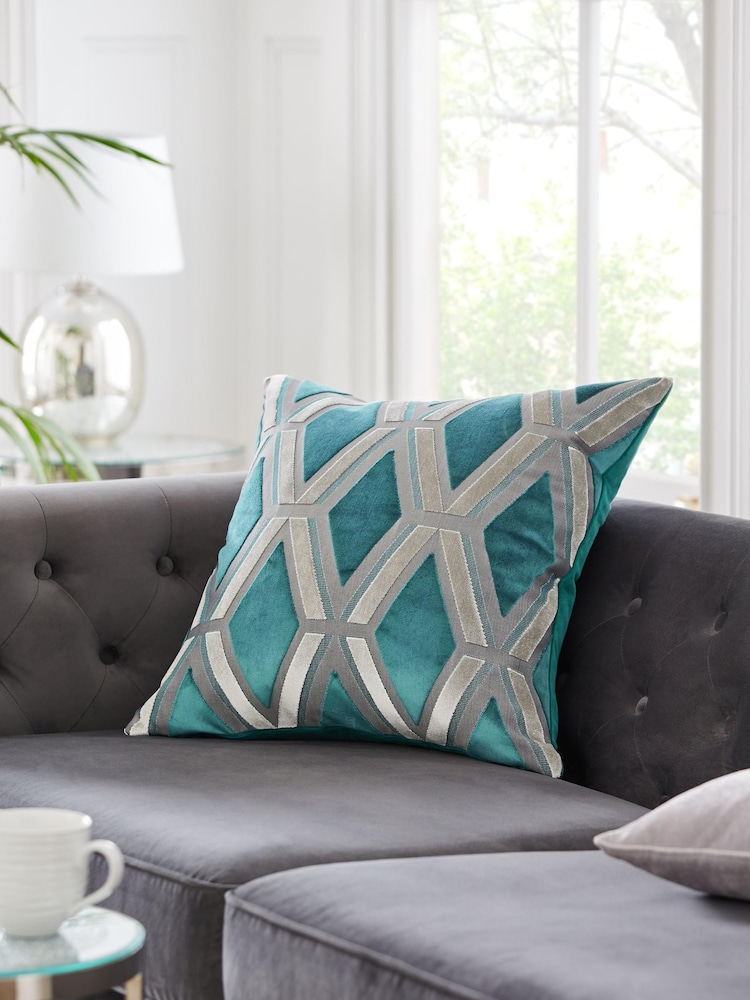 Teal Blue Collection Luxe Geometric Velvet 50 x 50 Cushion - Image 1 of 5