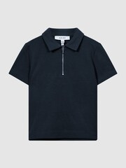 Reiss Navy Blue Billy Junior Half Zip Textured Polo T-Shirt - Image 2 of 5
