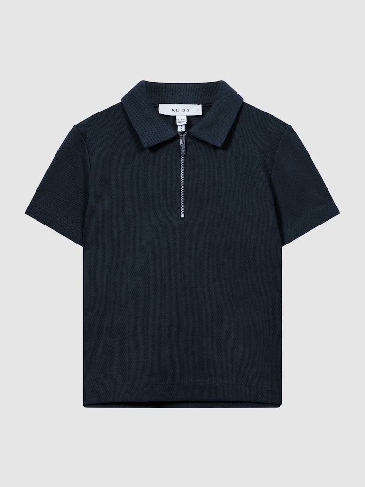 Reiss Navy Blue Billy Junior Half Zip Textured Polo T-Shirt - Image 2 of 5