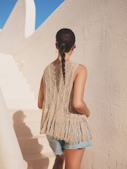 Metallic Gold Crochet Fringed Waistcoat - Image 4 of 7