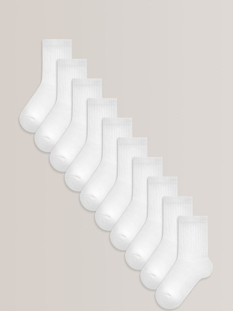 White 10 Pack Cotton Rich Cushioned Footbed Ribbed Socks - Image 1 of 2 White 10 Pack Cotton Rich Cushioned Footbed Ribbed Socks - Image 1 of 2