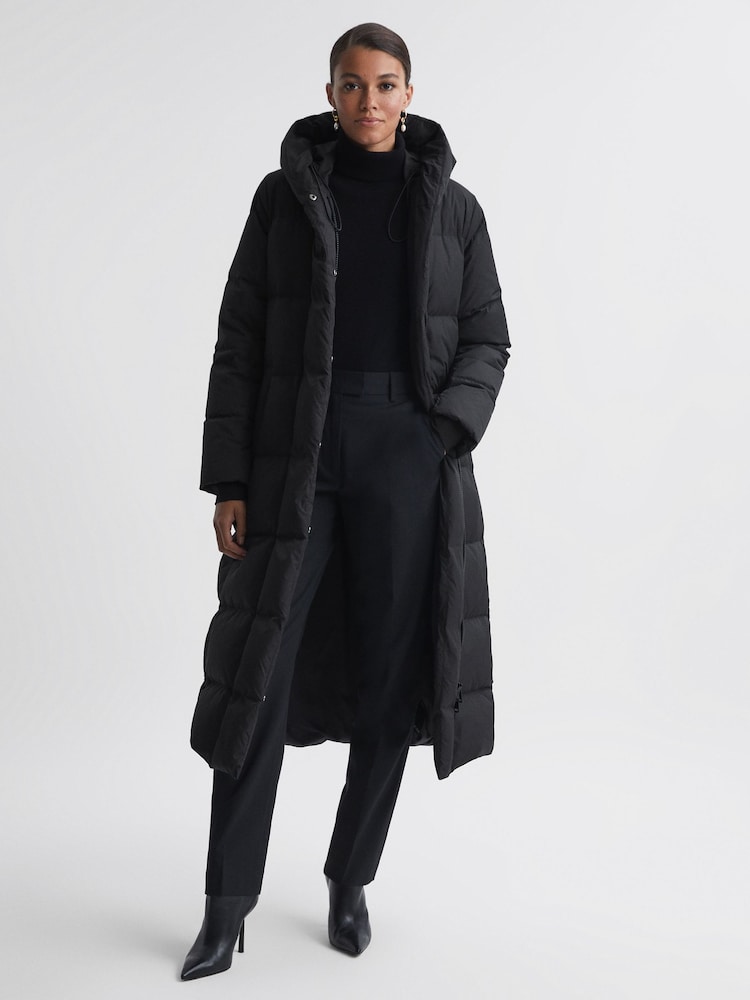 Reiss Black Larissa Long Belted Puffer Coat - Image 1 of 6