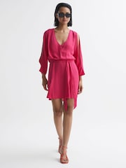 Reiss Bright Pink Anna Open Back Split Sleeve Mini Dress - Image 1 of 5