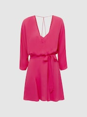 Reiss Bright Pink Anna Open Back Split Sleeve Mini Dress - Image 2 of 5
