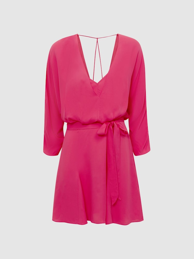 Reiss Bright Pink Anna Open Back Split Sleeve Mini Dress - Image 2 of 5
