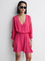 Reiss Bright Pink Anna Open Back Split Sleeve Mini Dress - Image 5 of 5