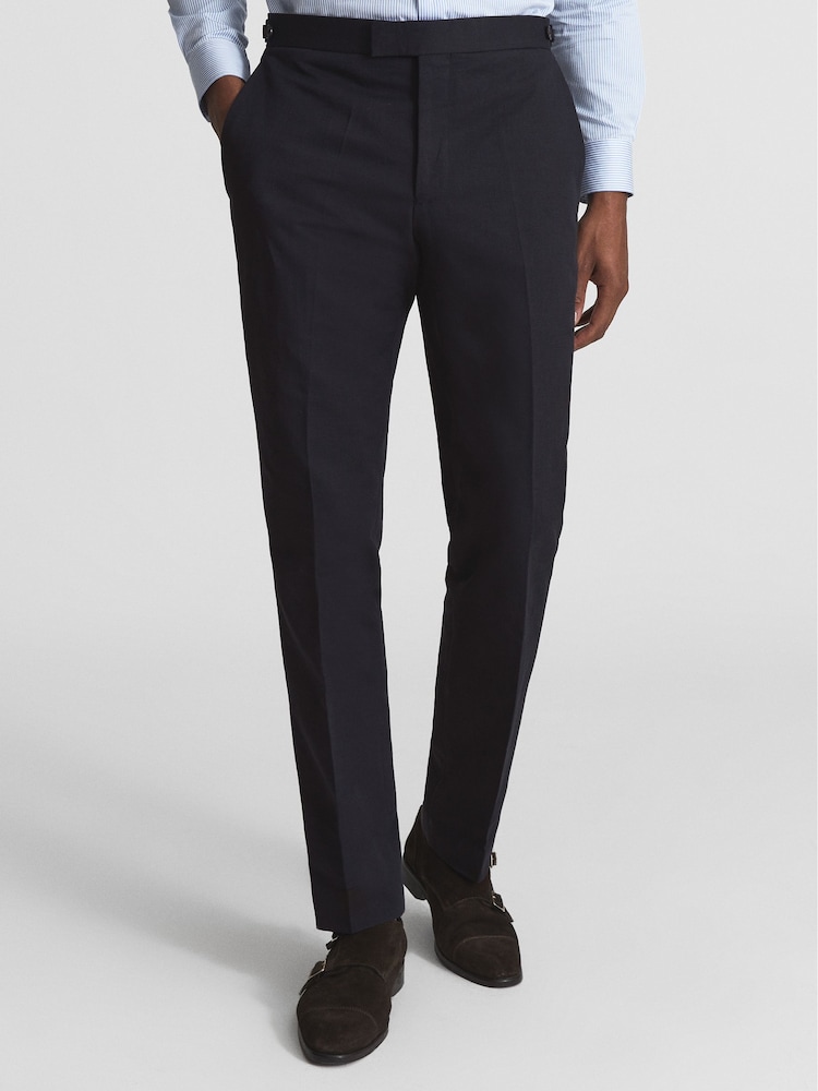 Reiss Navy Class Cotton Slub Formal Slim Fit Trousers - Image 1 of 5