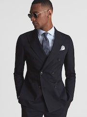 Reiss Navy Class Double Breasted Cotton-Linen Slim Fit Blazer - Image 1 of 7