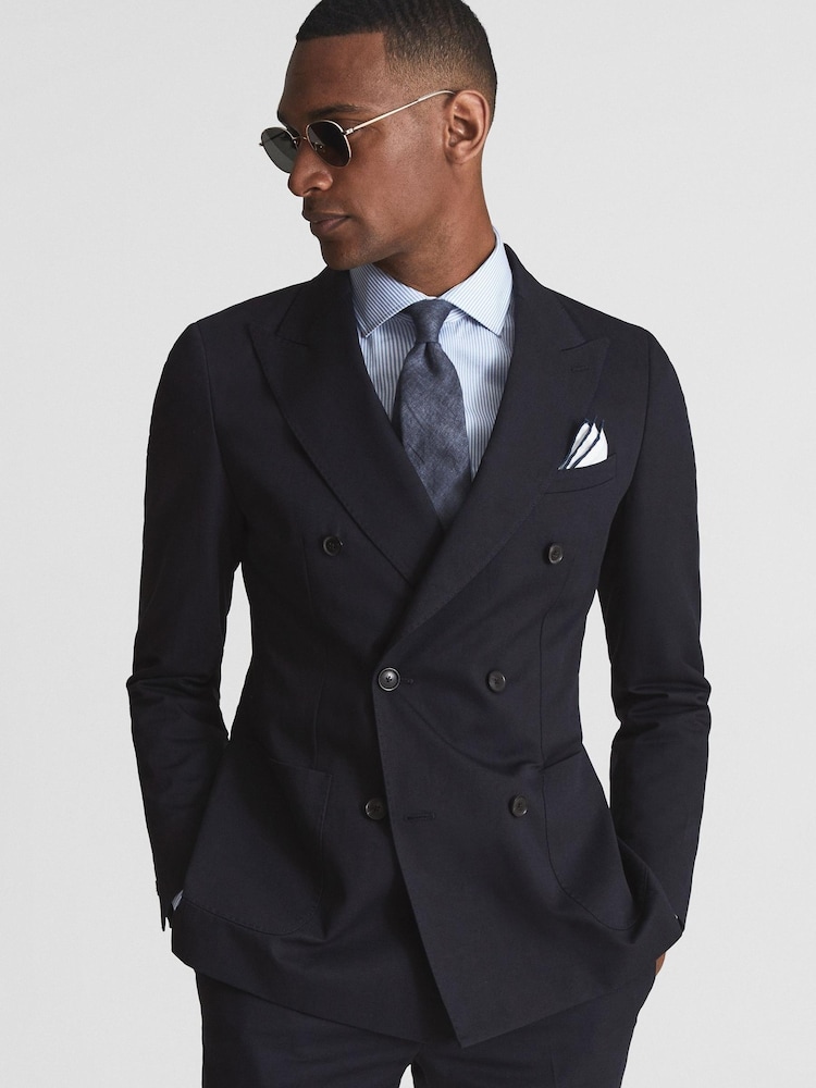 Reiss Navy Class Double Breasted Cotton-Linen Slim Fit Blazer - Image 1 of 7