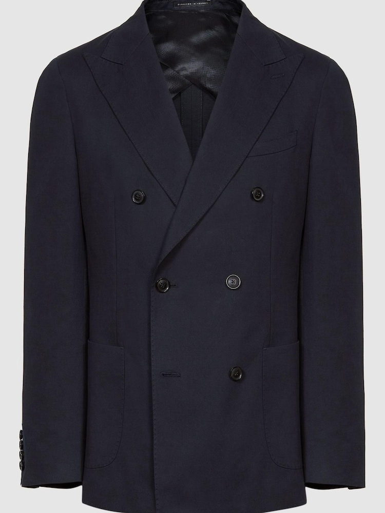 Reiss Navy Class Double Breasted Cotton-Linen Slim Fit Blazer - Image 2 of 7