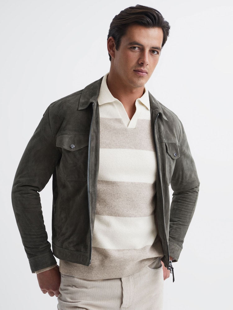 Reiss Heather / Ecru Port Striped Wool Rugby Shirt - Image 6 of 6