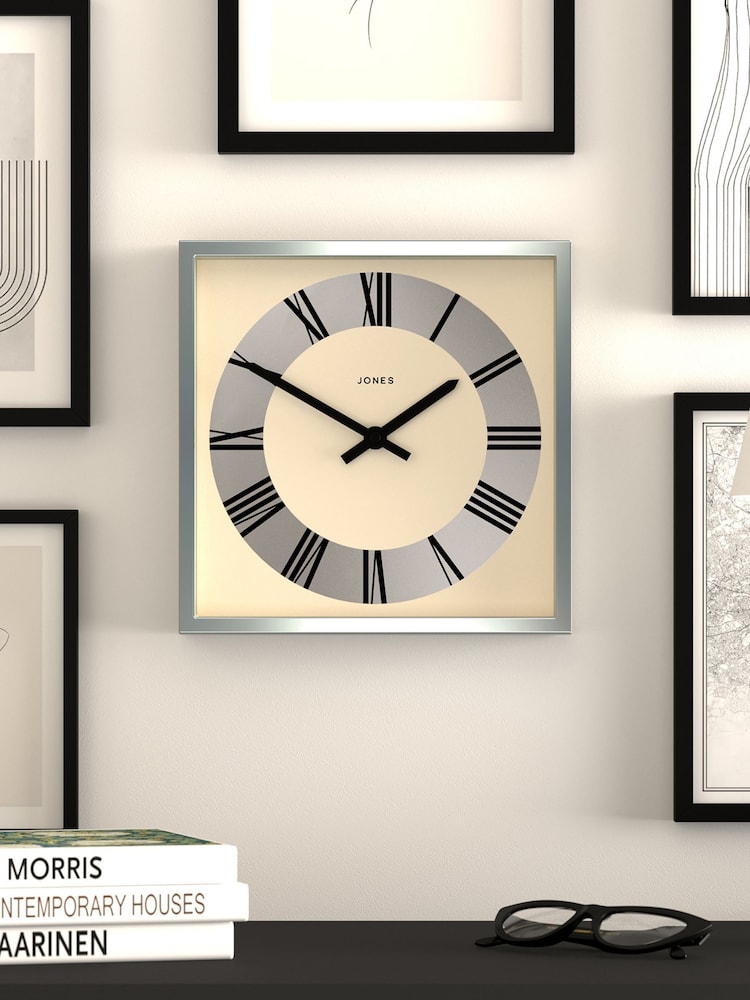 Jones Clocks Silver Chrome Box Roman Dial Wall Clock - Image 1 of 4 Jones Clocks Silver Chrome Box Roman Dial Wall Clock - Image 1 of 4