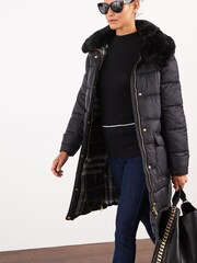 Black Quilted Coat with Faux Fur Collar - Image 1 of 6