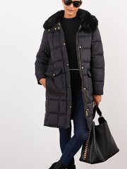 Black Quilted Coat with Faux Fur Collar - Image 3 of 6