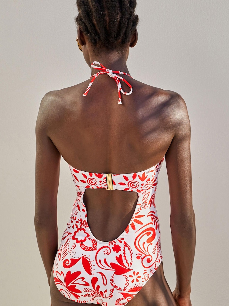Rouge/Blanc - Maillot de bain bandeau avec détail en U - Image 3 of 5