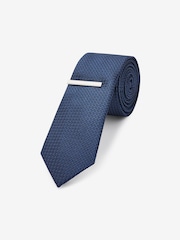 Navy Blue Textured Tie And Clip Set - Image 1 of 3