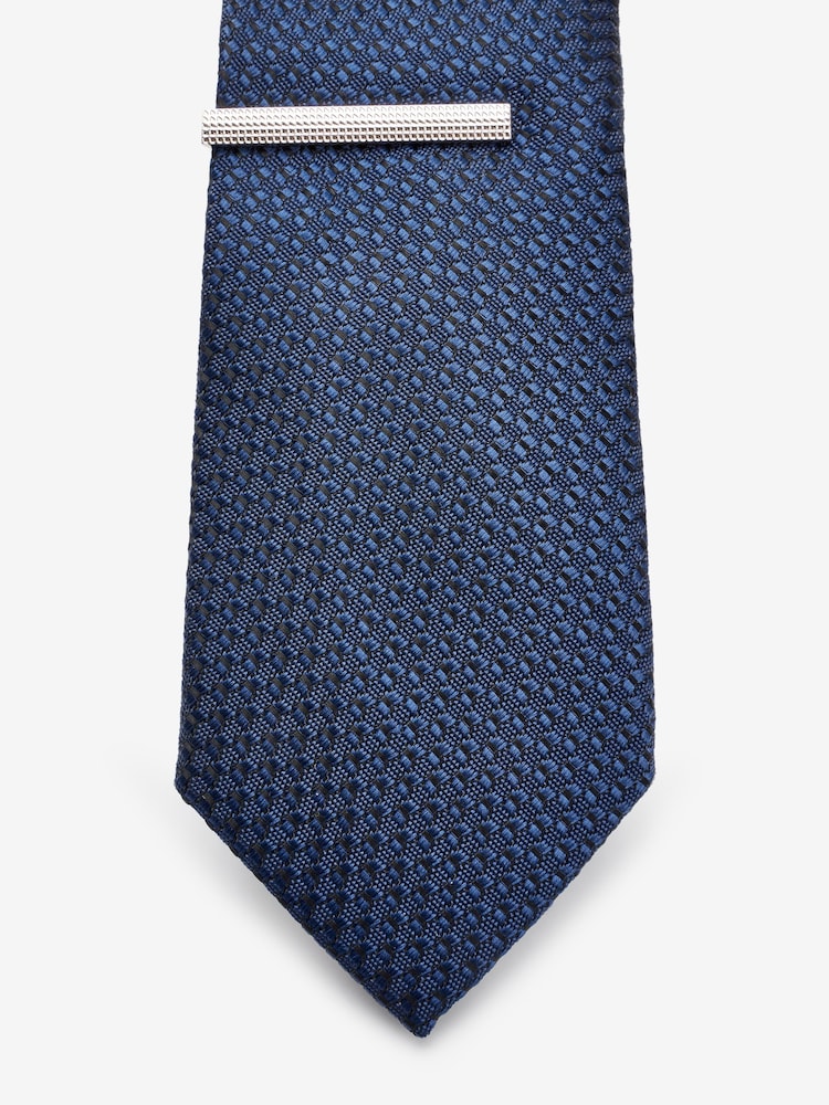 Navy Blue Textured Tie And Clip Set - Image 3 of 3