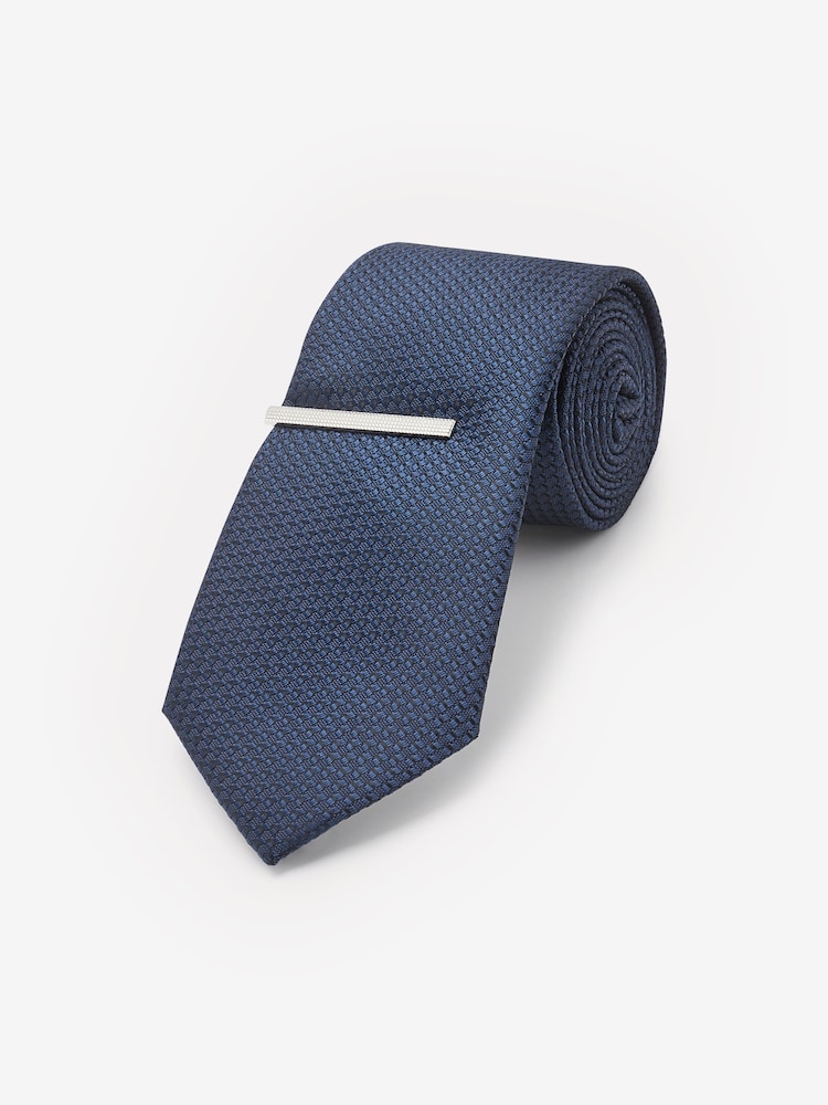 Navy Blue Textured Tie And Clip Set - Image 1 of 3