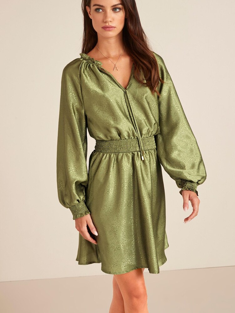 Khakigrün - Minikleid in Satin-Jacquard mit Bindeband - Bild 1 von 5 Khakigrün - Minikleid in Satin-Jacquard mit Bindeband - Bild 1 von 5