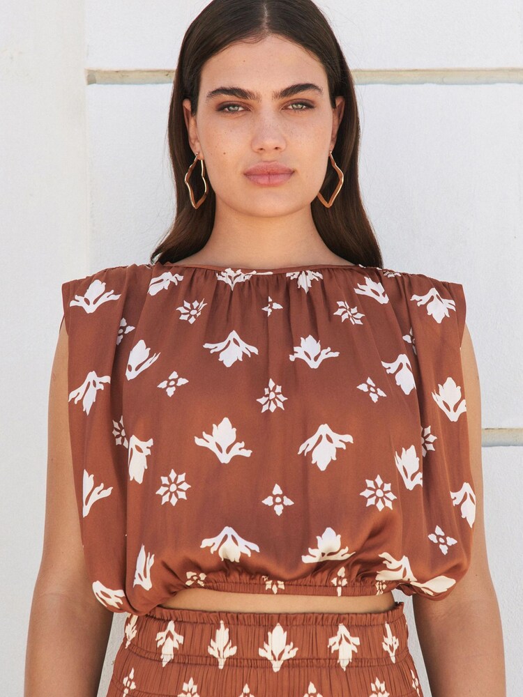 Brown Printed Satin Ruched Top - Image 2 of 5